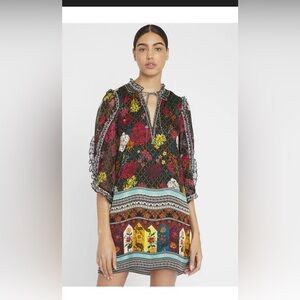 Alice + Olivia Black Multi Floral Mesh Tie-Neck Dress